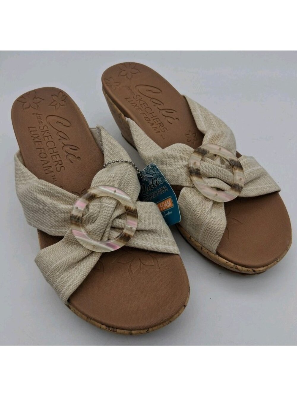 Skechers Cali Luxe Women’s Sandals Natural Fabric Straps Cork Wedge Size 7